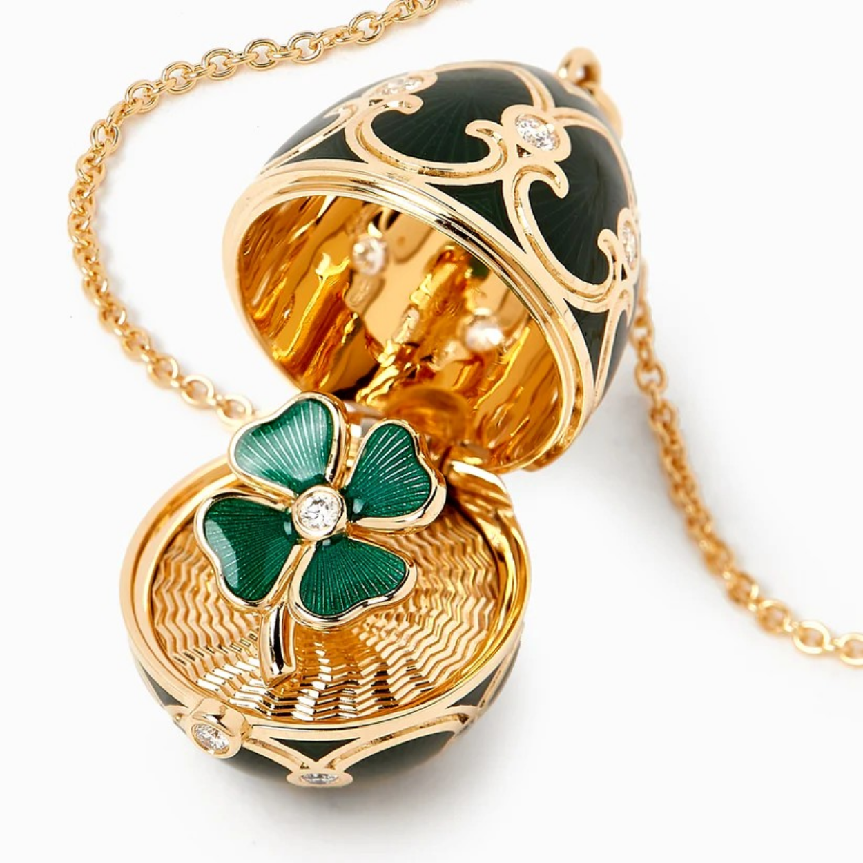 Fabergé Guilloché Enamel Clover Suprise Locket necklace