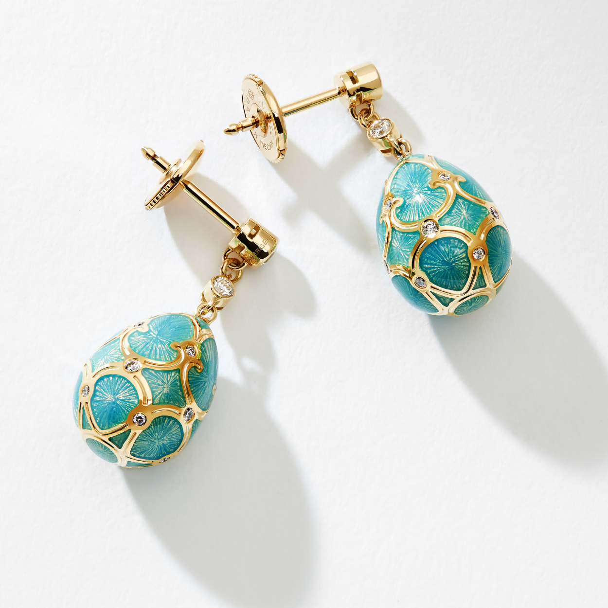 Fabergé Guilloché Enamel Egg Drop Earrings