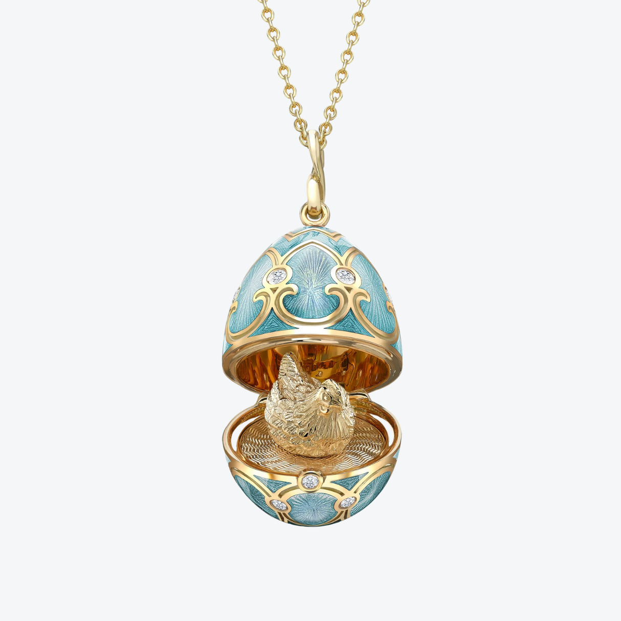 Fabergé Guilloché Enamel Hen Surprise Locket necklace