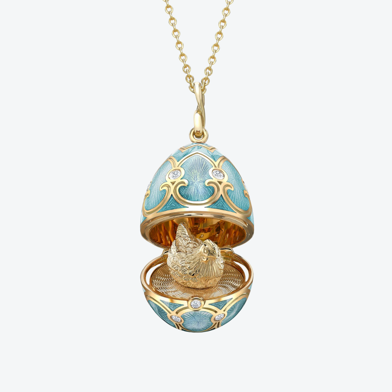 Fabergé Guilloché Enamel Hen Surprise Locket necklace
