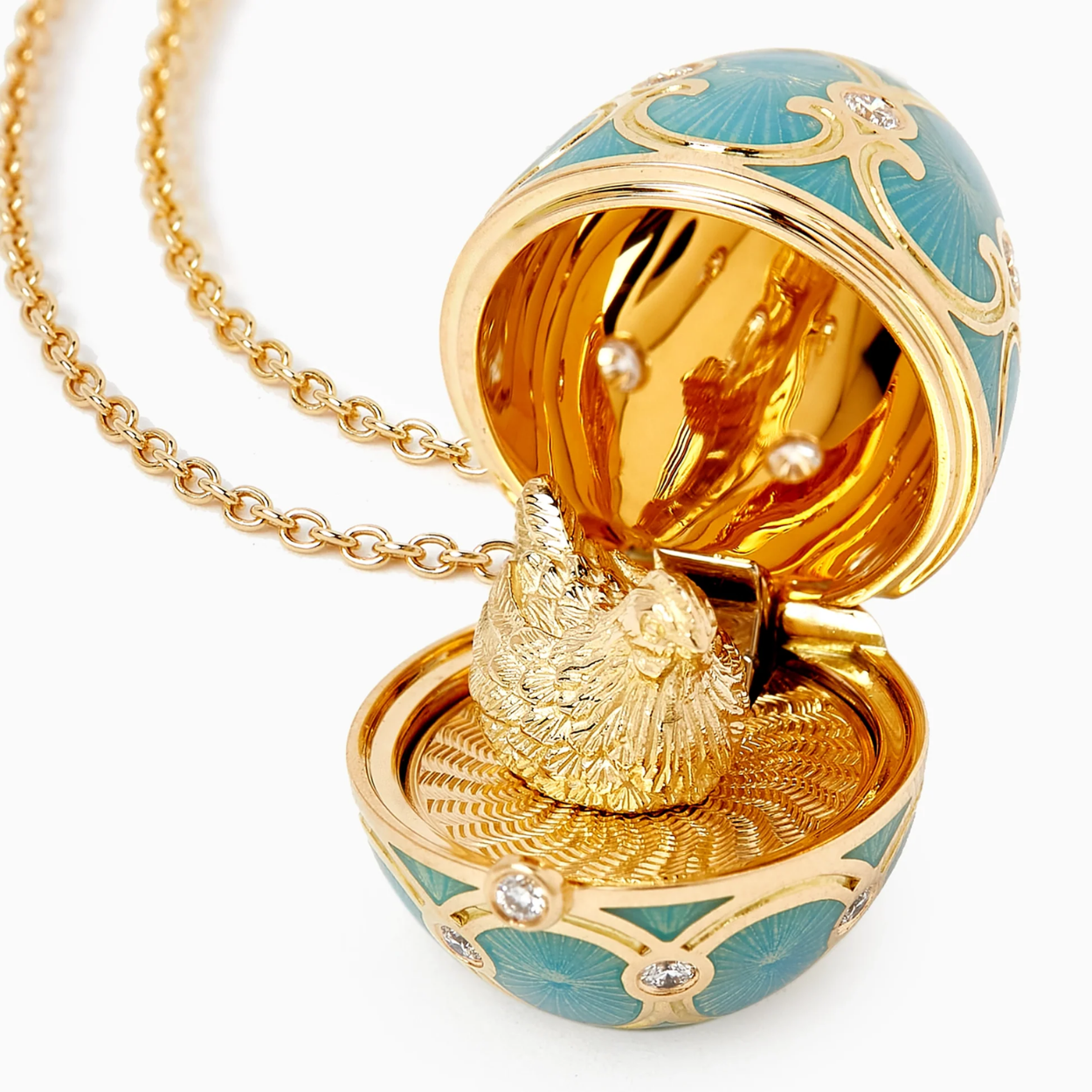 Fabergé Guilloché Enamel Hen Surprise Locket necklace