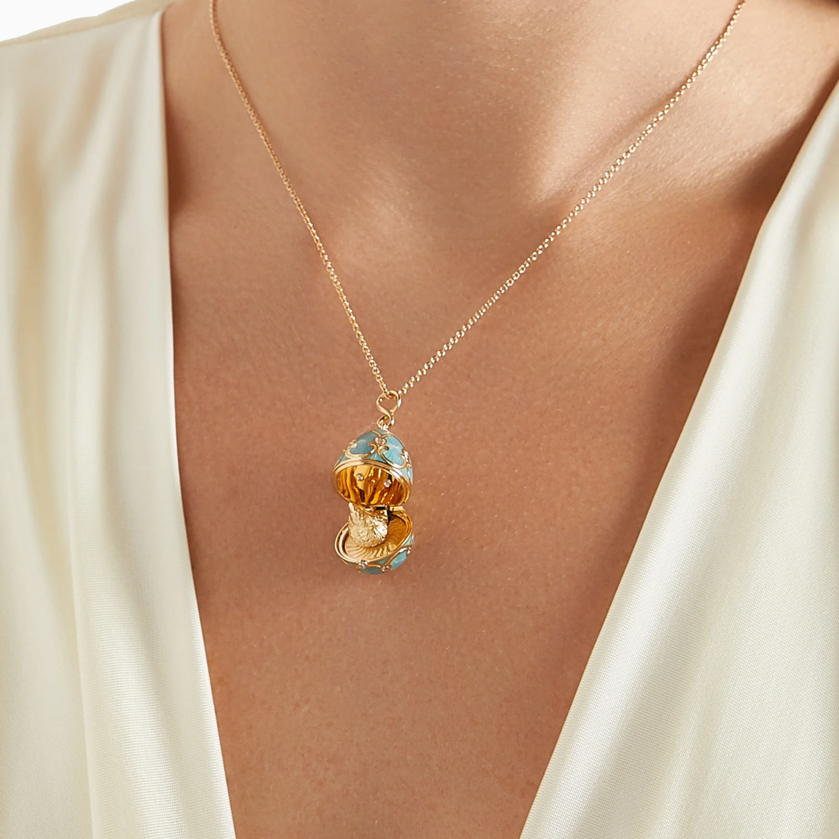 Fabergé Guilloché Enamel Hen Surprise Locket necklace