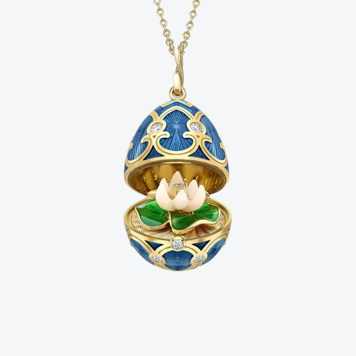 Fabergé Guilloché Enamel Water lily Suprise Locket necklace