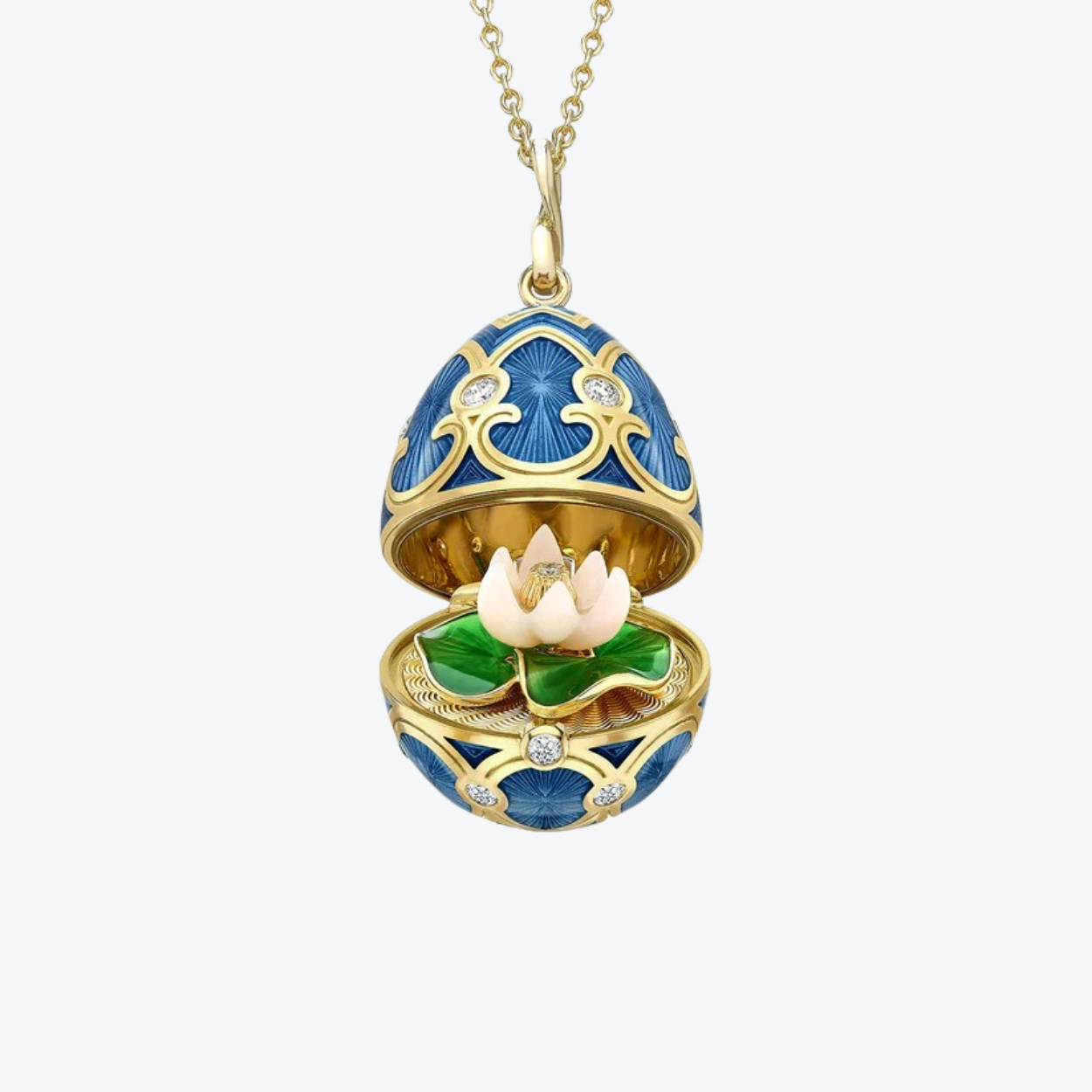 Fabergé Guilloché Enamel Water lily Suprise Locket necklace