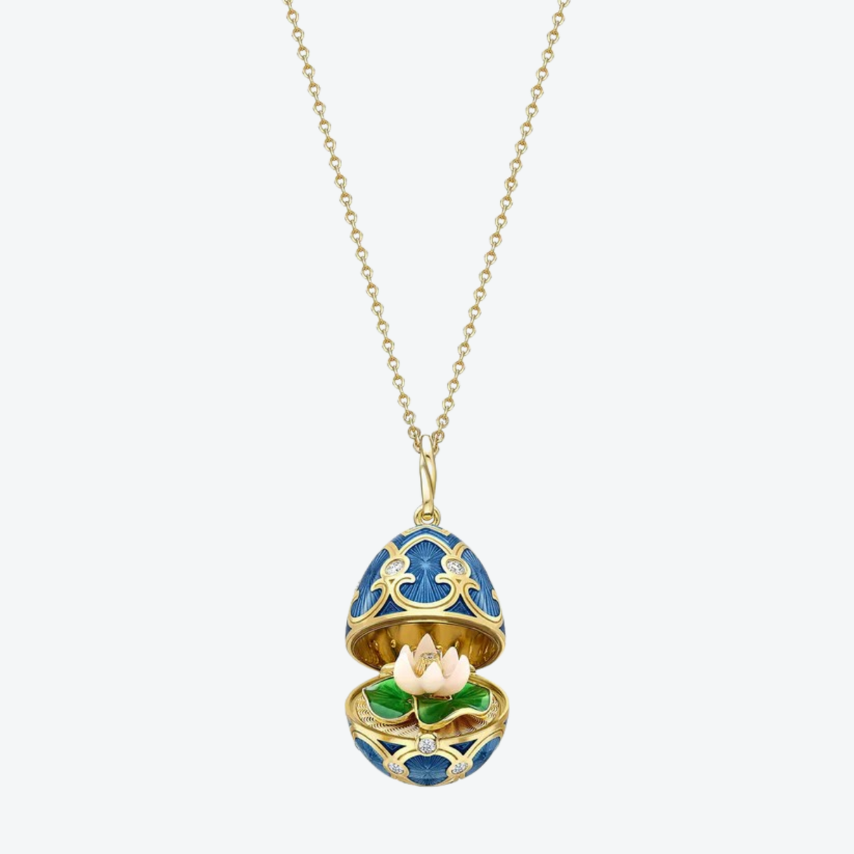 Fabergé Guilloché Enamel Water lily Suprise Locket necklace