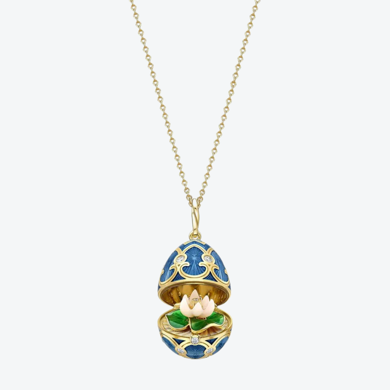 Fabergé Guilloché Enamel Water lily Suprise Locket necklace